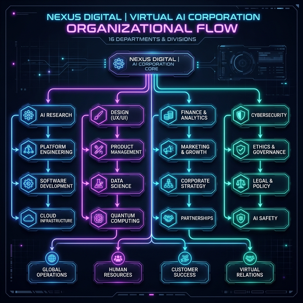 Visual flowchart layout displaying the 16 divisions of The Agency scaling up as an integrated organizational matrix