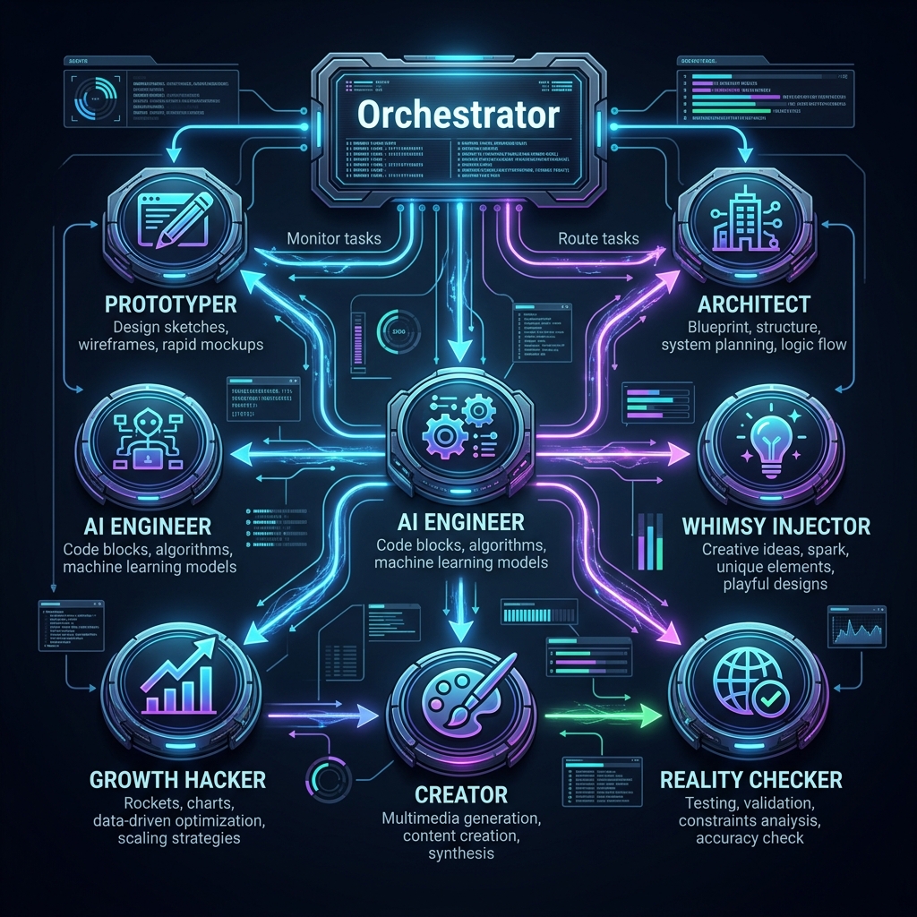 Infographic layout displaying the 7 Starter Squad agents collaborating in an asynchronous pipeline, monitored by an overarching Orchestrator tool