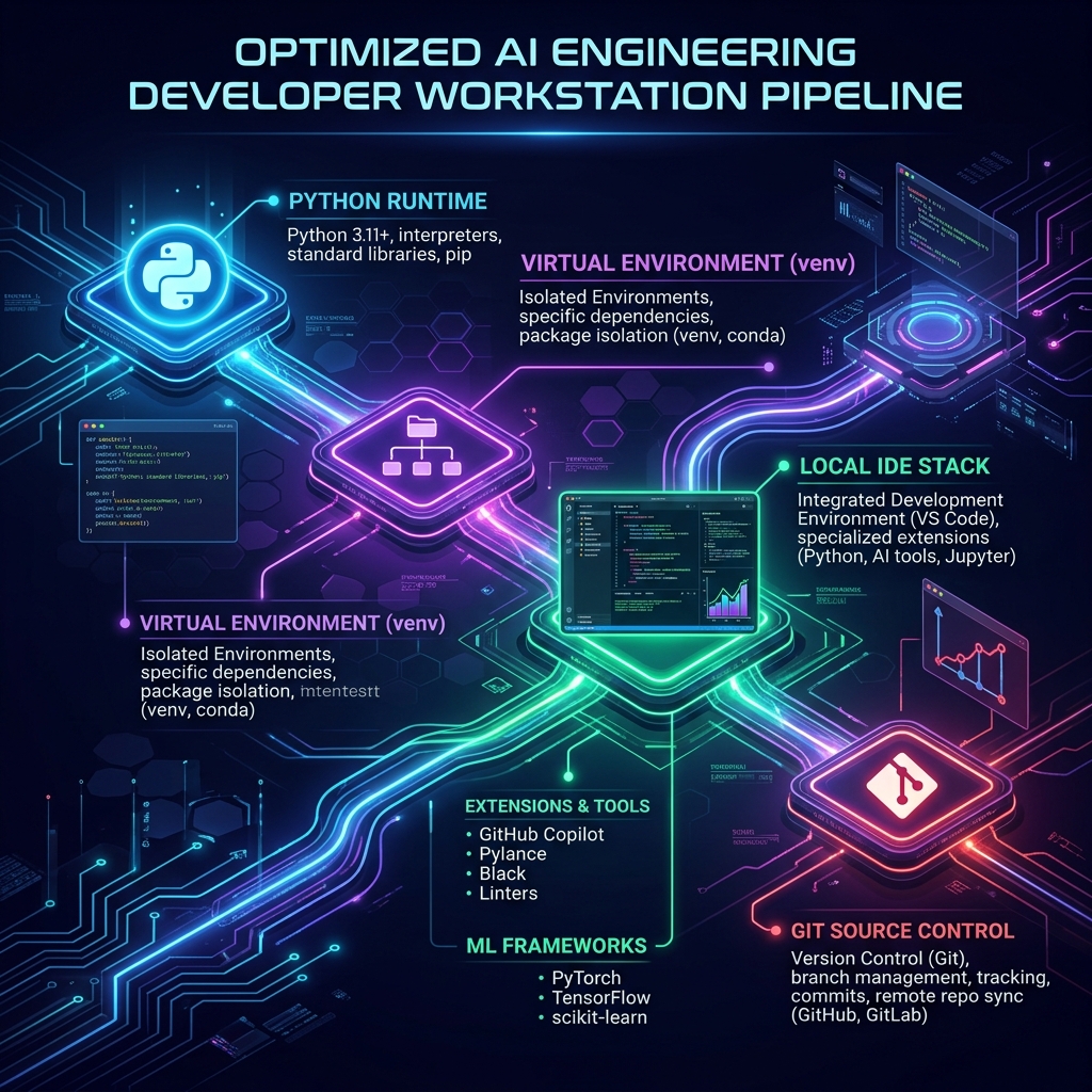 Professional infographic mapping an optimized developer workstation: Python Runtime -> Virtual Environment (venv) -> Local IDE Stack with automated Git syncing