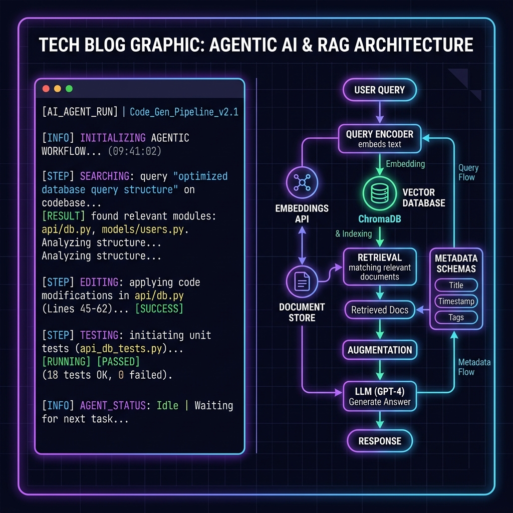 Command line terminal execution flow next to RAG embedding flowchart