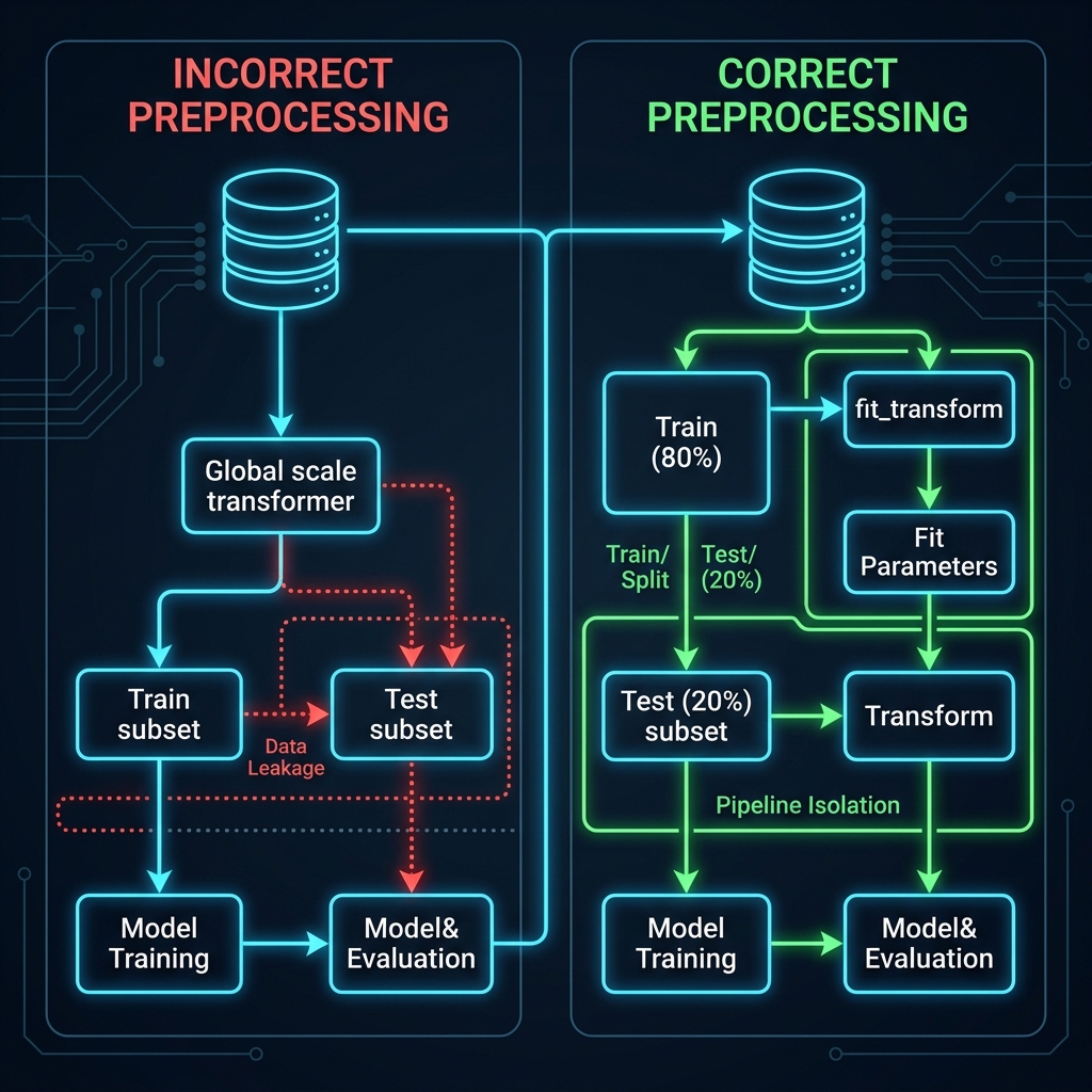 A professional schematic diagram comparing Incorrect vs Correct data preprocessing. Incorrect flows the full database to transform first then splits. Correct splits first, fits standard parameters exclusively on train features, and transforms test features using train parameter values.