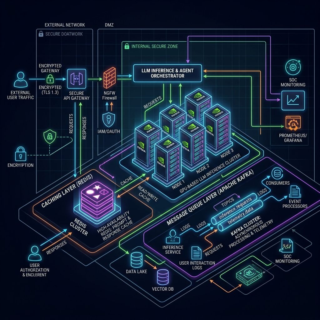 A professional architectural diagram showing a distributed system structure, highlighting where caching layers and message queues interface with an LLM cluster