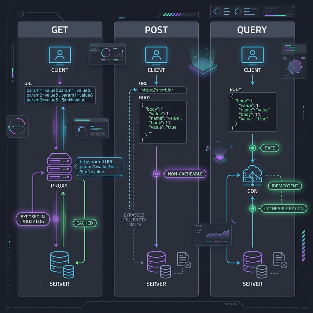 High-quality flowchart comparing HTTP GET, POST, and QUERY methods on safety, idempotency, request body size, and caching properties