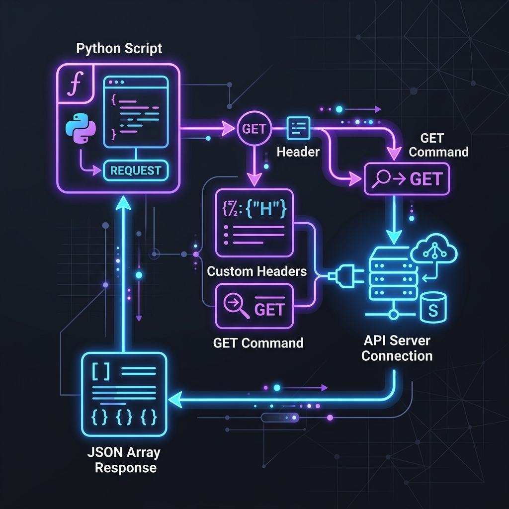 Line diagram showing an isolated Python script passing custom Headers and a GET command to an API server, receiving a JSON array response