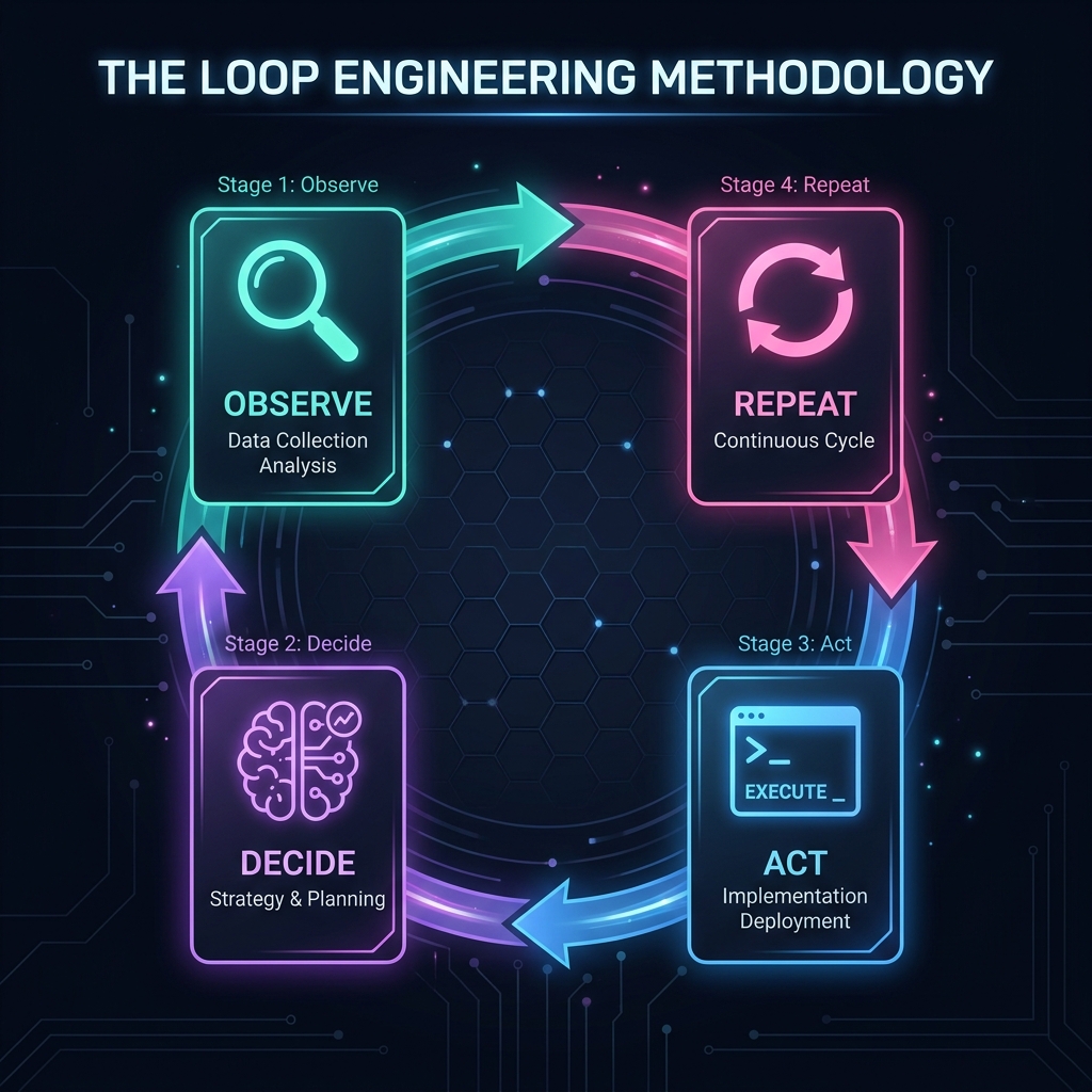 A clean flowchart diagram displaying the 4 stages: Observe -> Decide -> Act -> Repeat in a continuous circle