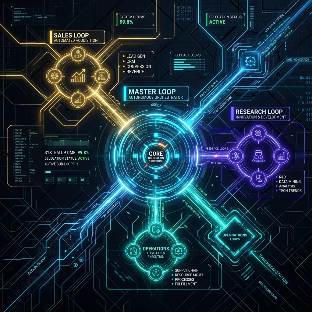 Architectural diagram showcasing a Master Loop delegating autonomous tasks to dedicated Sales, Research, and Ops sub-loops