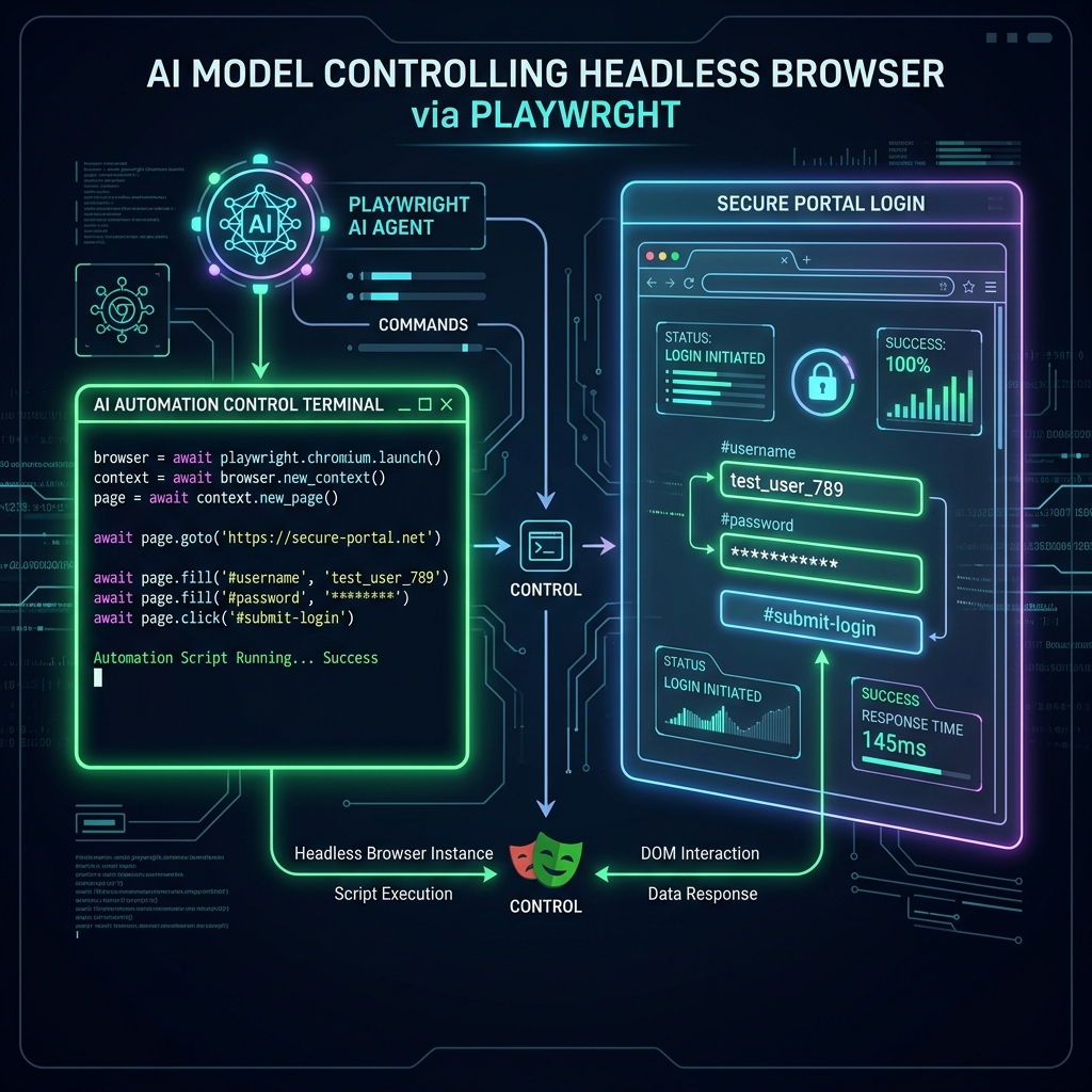 A professional dashboard layout showing a terminal executing headless browser controls via Playwright, automatically navigating authentication forms