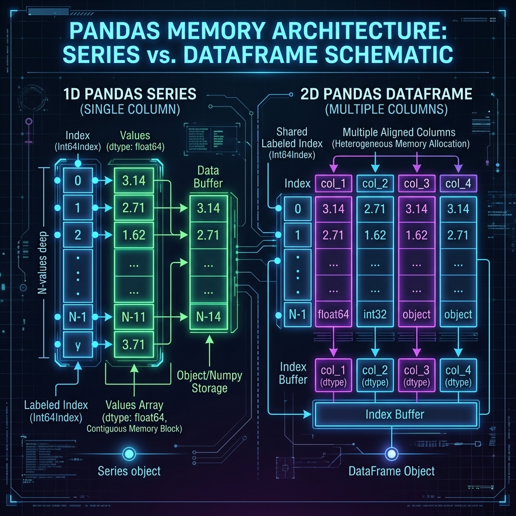 Visual schematic detailing the memory architecture difference between a 1D Pandas Series object and a 2D labeled DataFrame matrix
