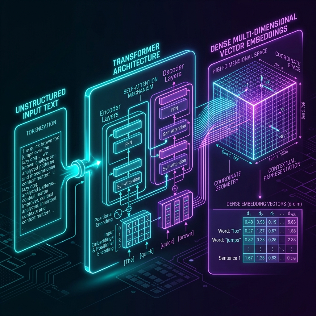 Visual infographic explaining how unstructured text transitions into dense multi-dimensional vector embeddings within a Transformer architecture